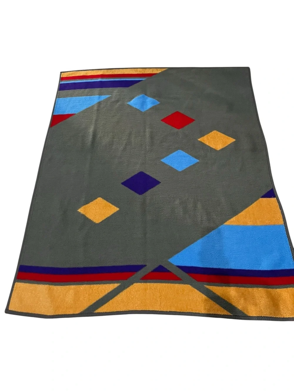 Vintage 1970s DOLAN Velour Blanket, Retro Geometric Design, 66 × 54 in